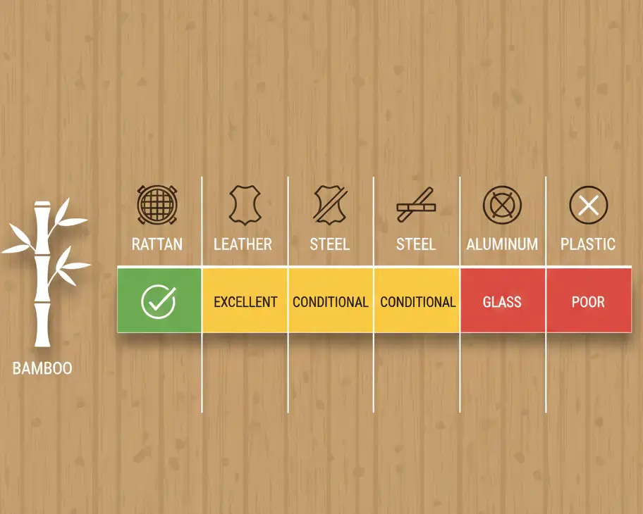 Bamboo furniture material compatibility chart showing rattan and leather as excellent pairings, steel and aluminum as good with conditions, glass and plastic as problematic combinations