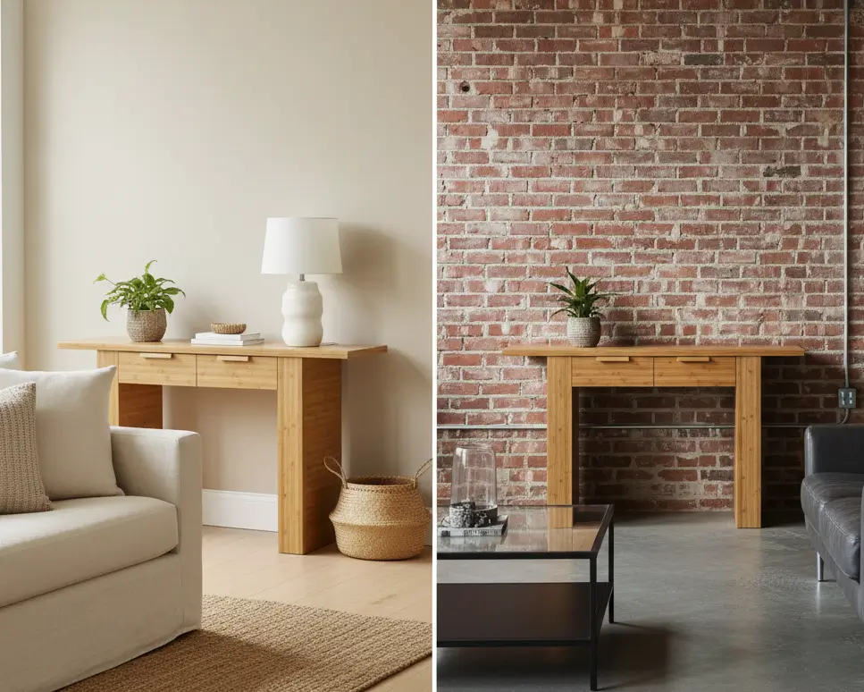 Bamboo specialty table style integration showing successful coastal interior placement versus clashing industrial loft context
