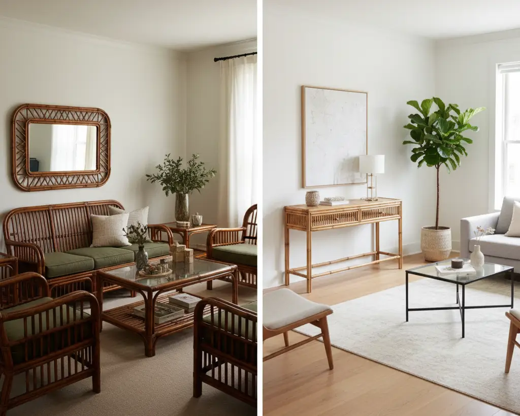 Comparison of dated bamboo furniture styling with heavy matching sets versus modern approach using single bamboo accent piece mixed with other materials