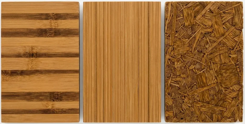 Comparison of horizontal, vertical, and strand-woven bamboo grain structures showing cross-sections of furniture-grade materials