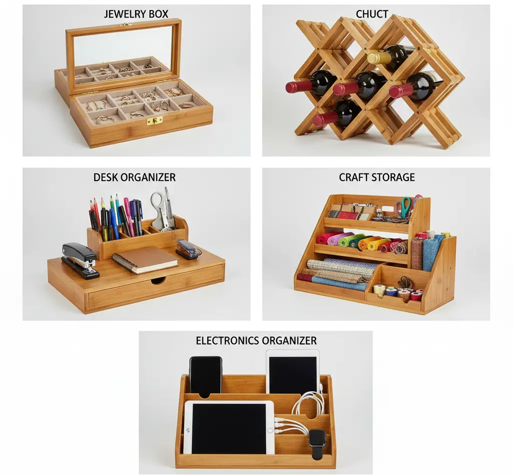 Five bamboo specialty storage organizer types including jewelry organizer, wine rack, desk system, craft storage, and electronics organizer with labeled categories
