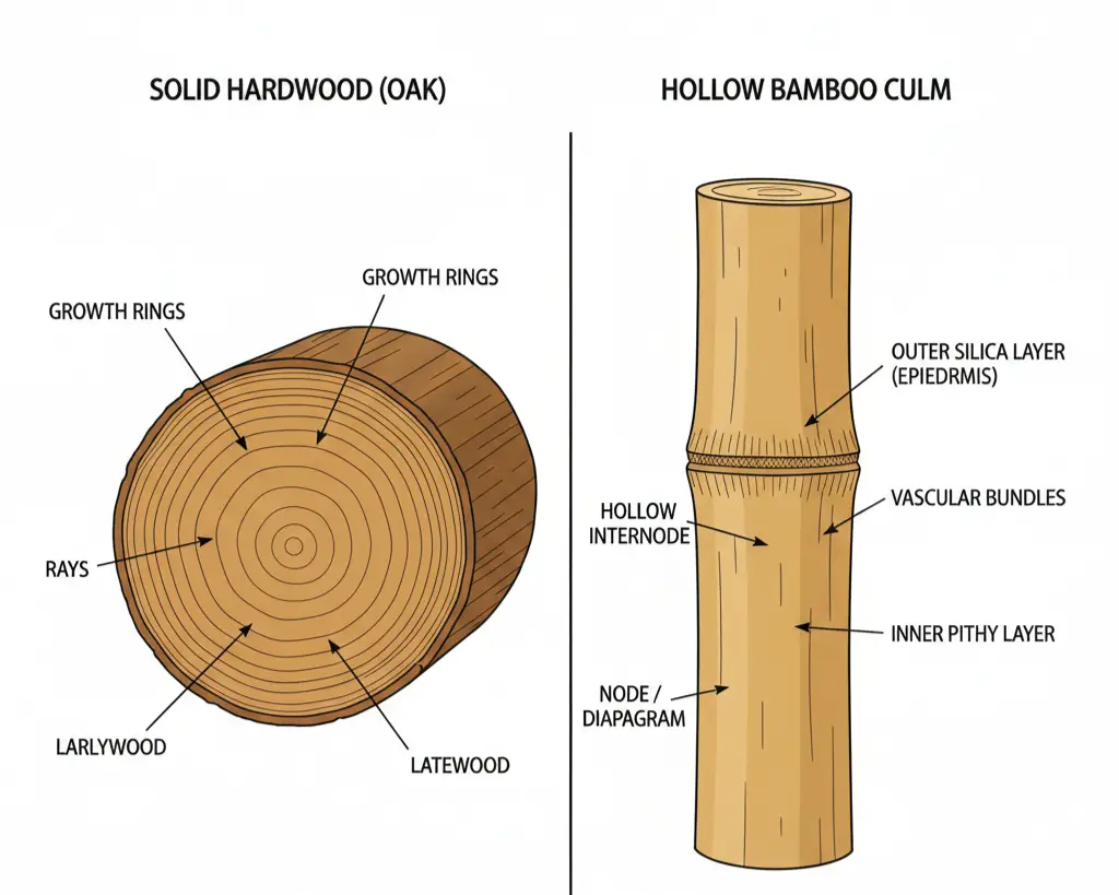 Cross-section comparison showing solid hardwood structure versus hollow bamboo culm with labeled nodes, silica outer layer, and hollow center