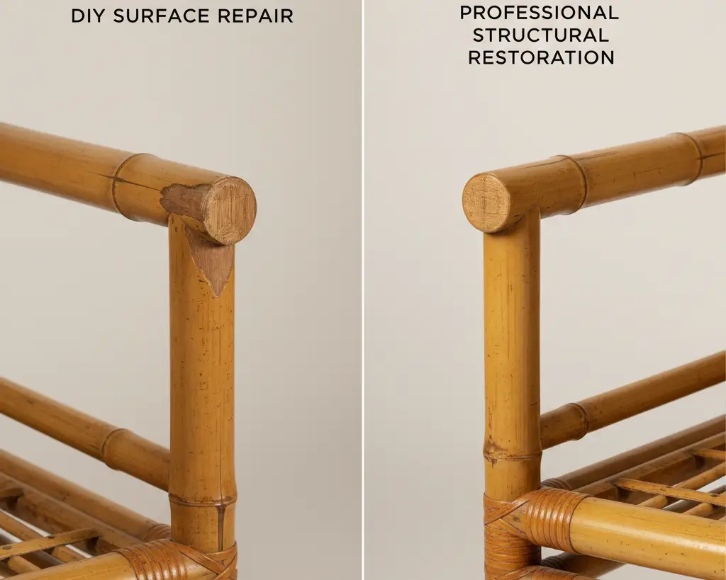 Side-by-side comparison of DIY bamboo furniture scratch repair versus professional structural joint restoration, showing appropriate use cases for each approach