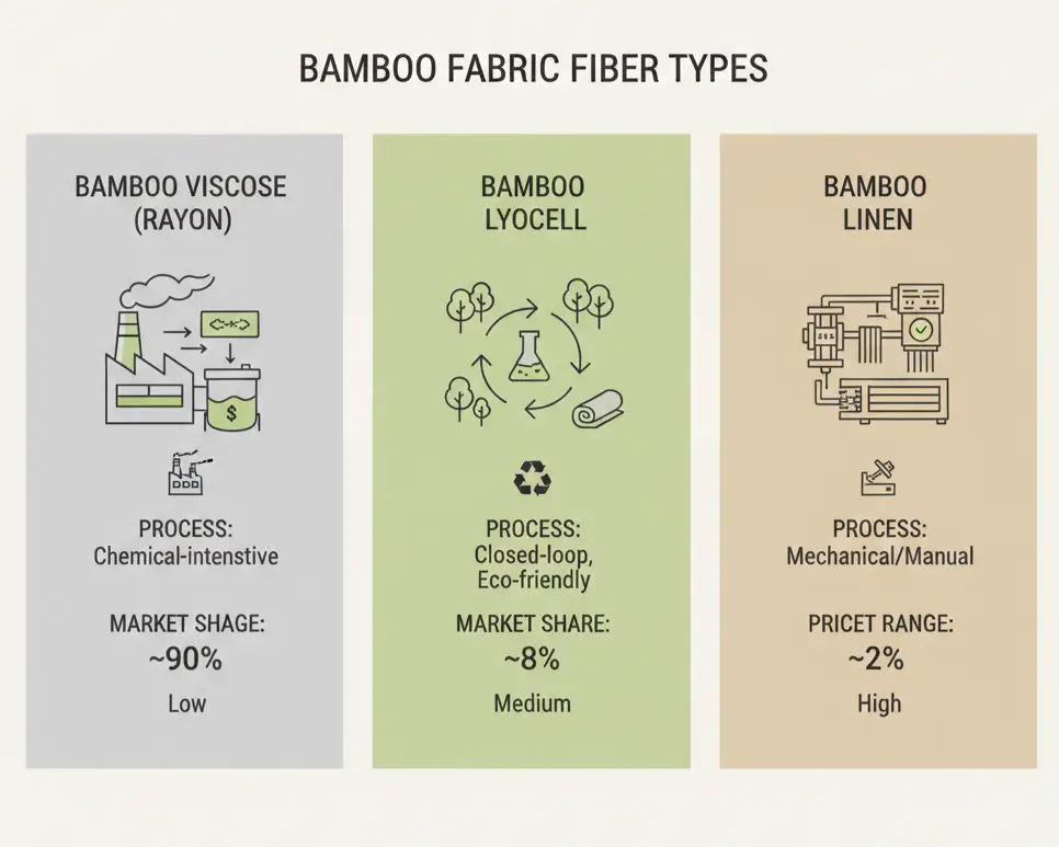 Comparison infographic of three bamboo sheet fiber types: viscose rayon (95% of market, $40-150), lyocell (4%, $150-280), and bamboo linen (under 1%, $300+), showing processing methods