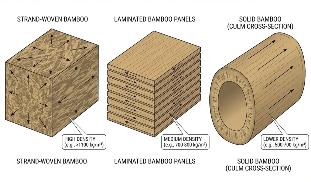 Cross-section comparison of strand-woven bamboo, laminated bamboo panels, and solid bamboo construction showing fiber density and grain orientation differences