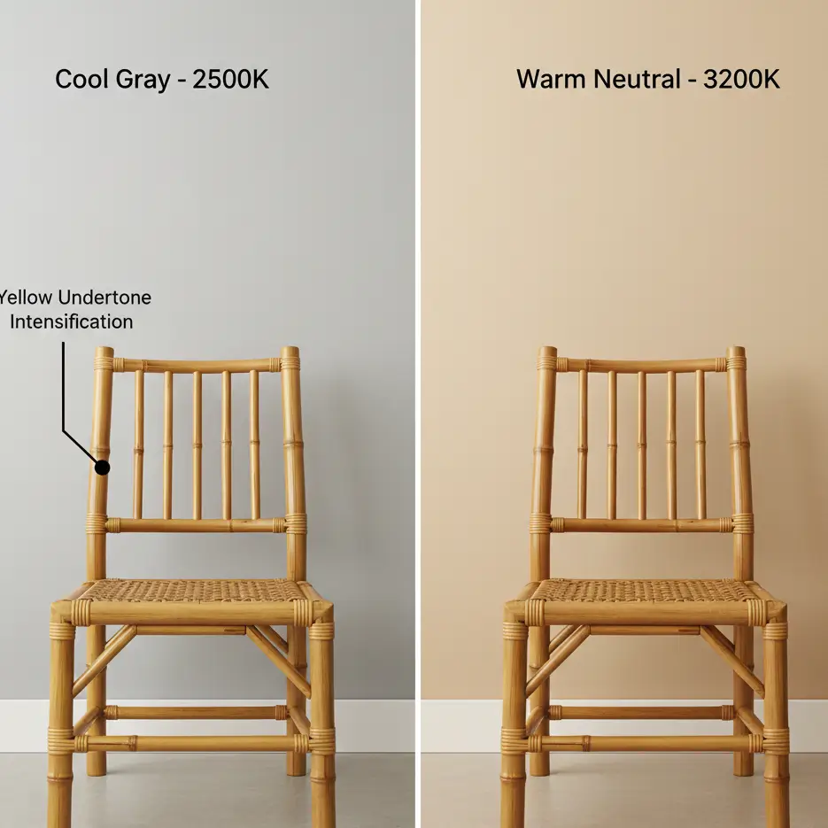 Natural bamboo chair against cool gray wall showing orange-yellow clash versus same chair against warm beige wall showing harmonious blend