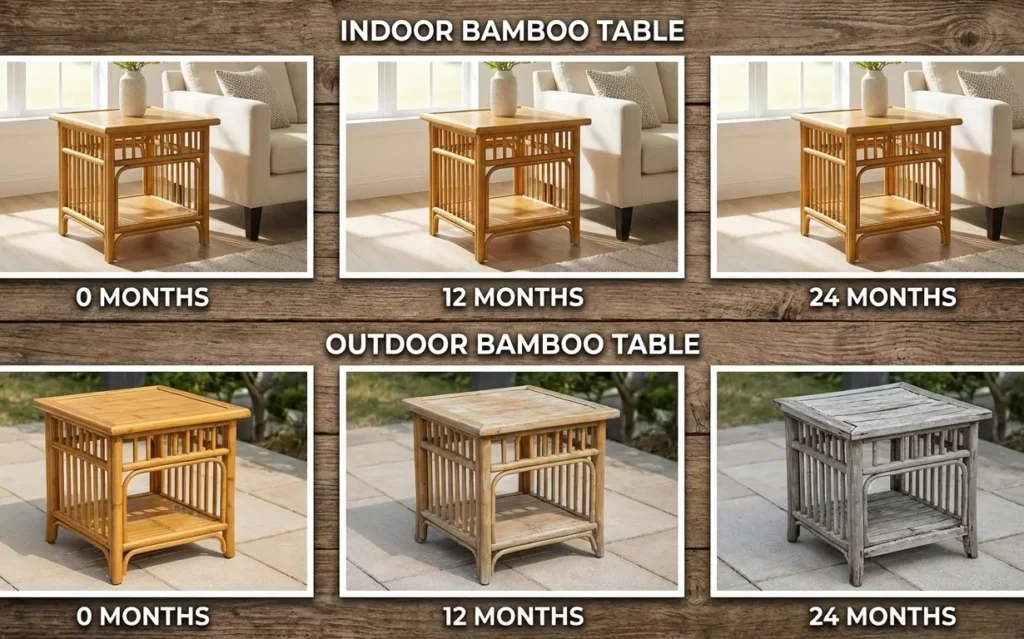 24-month comparison showing identical bamboo tables—indoor piece maintains finish while outdoor piece shows severe UV degradation and joint failure