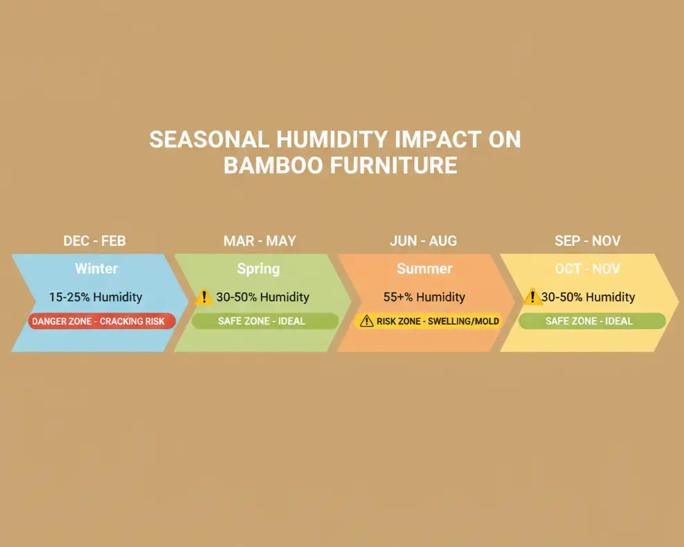 nnual timeline showing bamboo furniture humidity danger zones: winter 15-25% risk of cracking, summer 55%+ risk of swelling, with safe 30-50% range highlighted in green