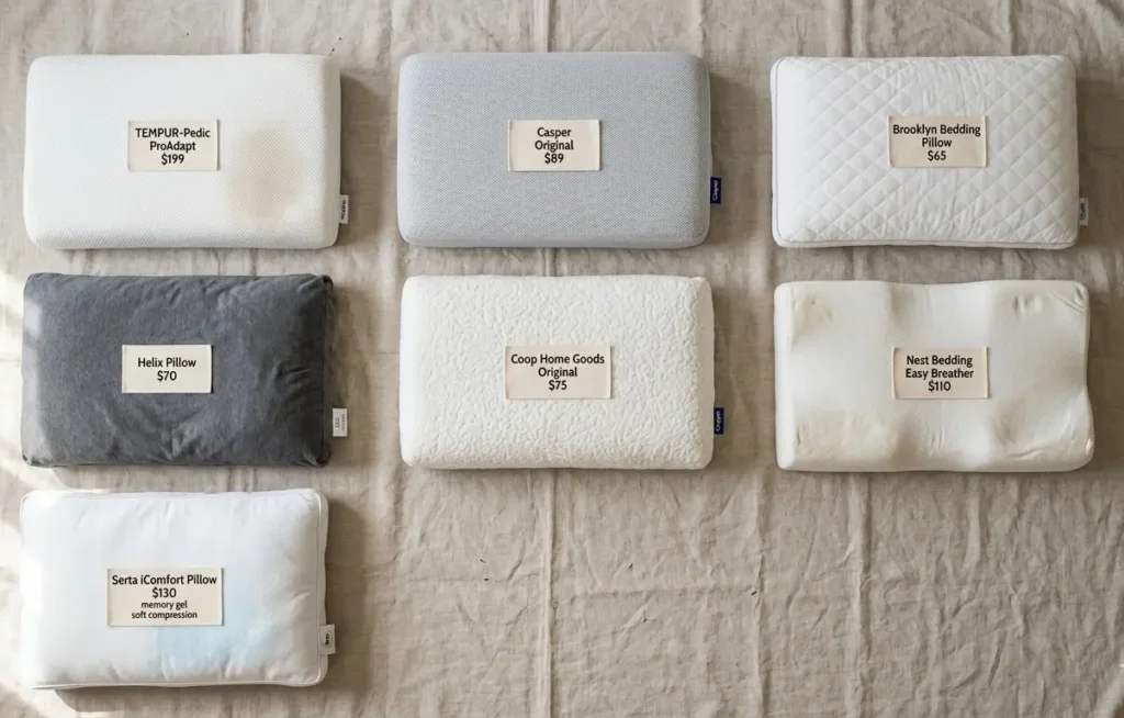 Seven bamboo pillow brands tested over 14 months including Coop Home Goods, Snuggle-Pedic, and Xtreme Comforts arranged for comparison