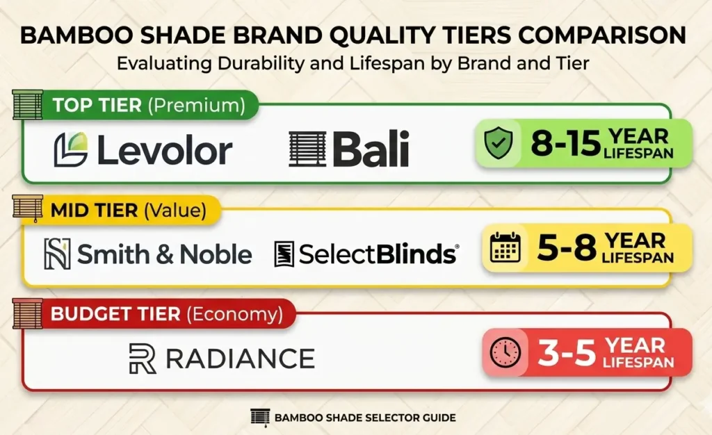 Bamboo shade brand comparison chart showing Levolor and Bali in top tier lasting 8-15 years, mid-tier brands at 5-8 years, and budget RADIANCE at 3-5 years