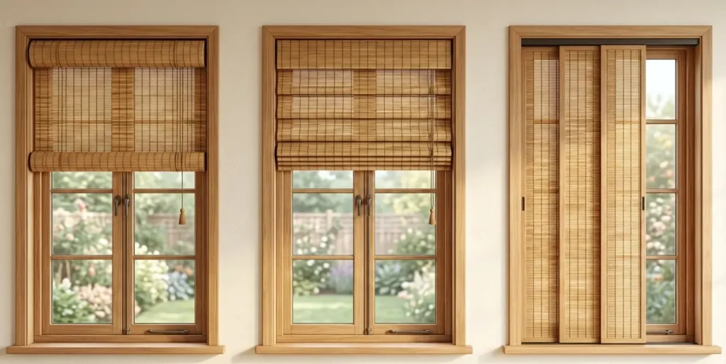 Roll-up, Roman-fold, and panel bamboo window shades compared side-by-side showing different stack heights and operating mechanisms