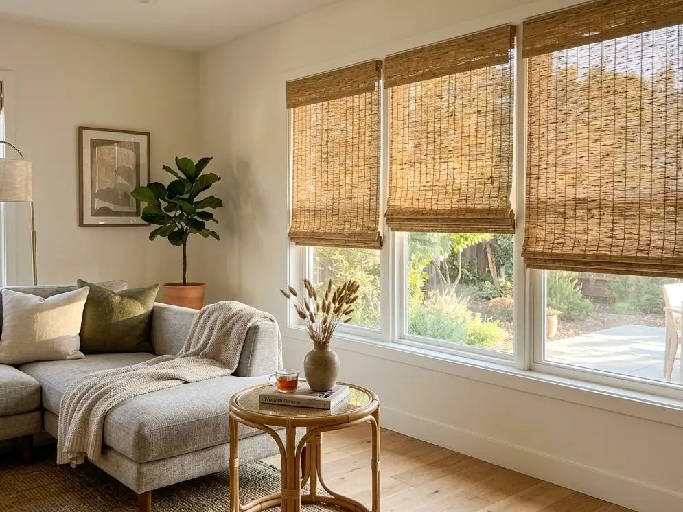 Woven bamboo Roman shades installed in living room windows showing natural light filtration and texture coordination with bamboo furniture accents