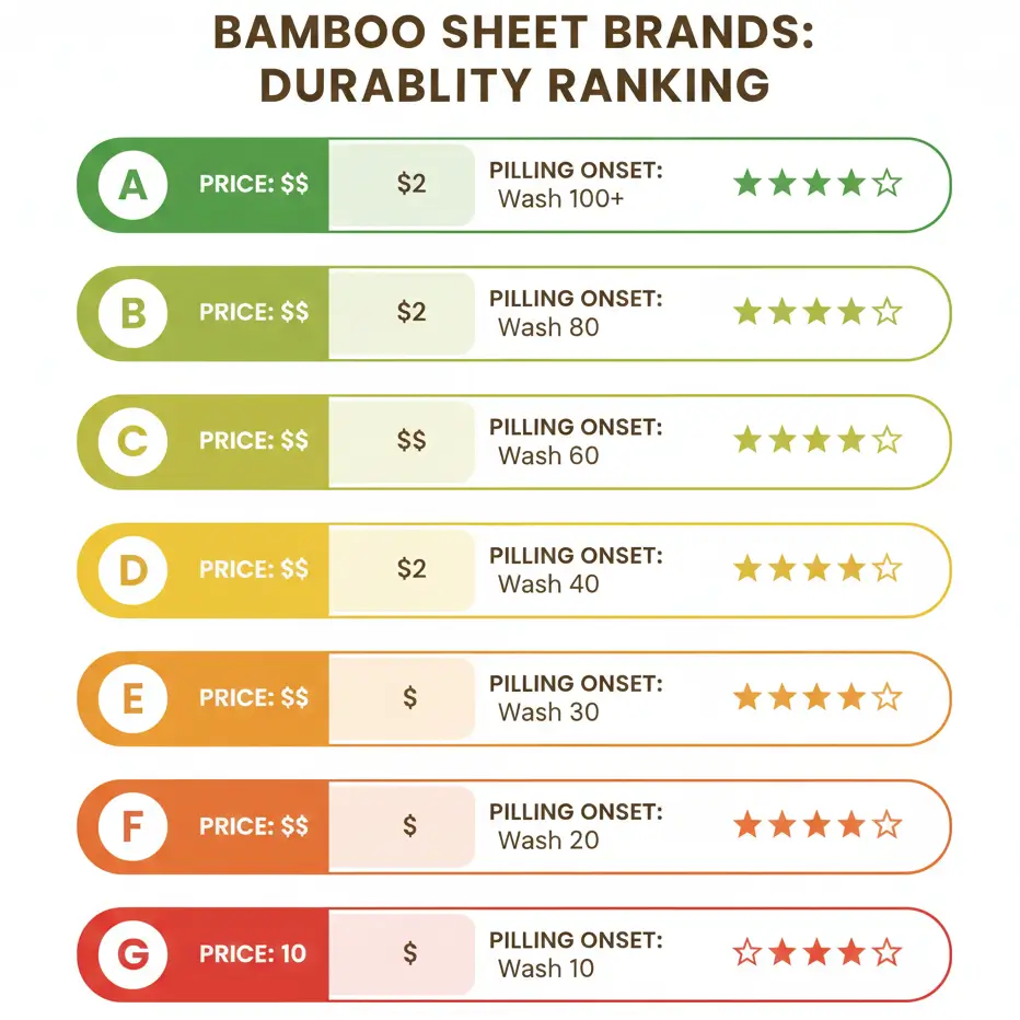 Bamboo sheet brand comparison chart ranking 7 brands by durability after 100+ wash cycles, showing Ettitude and Luxome as top performers