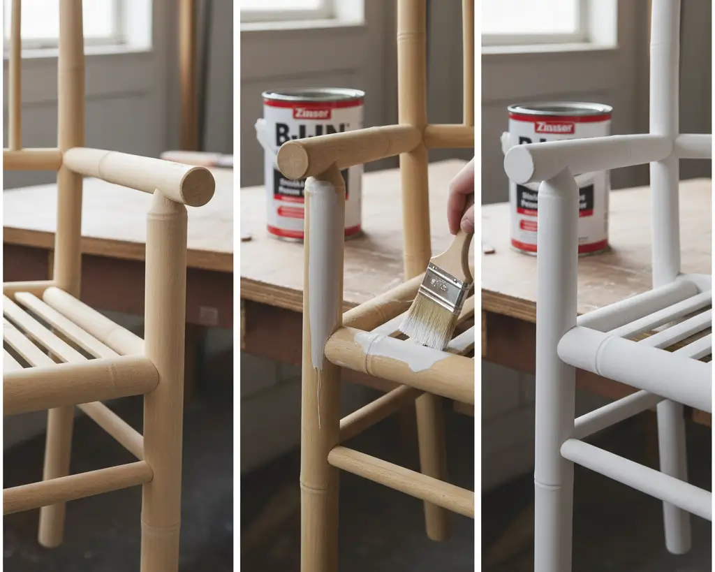 Three-stage bamboo furniture priming process showing sanded surface, shellac-based primer application with Zinsser B-I-N, and final primed surface ready for paint