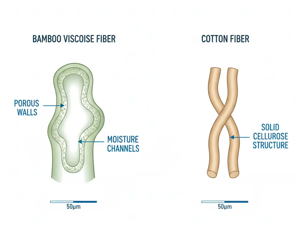 Cross-section diagram comparing hollow bamboo viscose fiber structure to solid cotton fiber, showing why bamboo requires different care