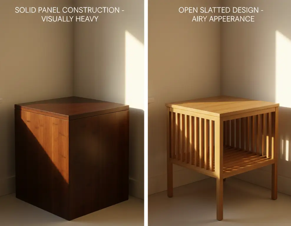 Comparison of solid dark bamboo table versus open-frame natural bamboo table showing visual weight difference in small space