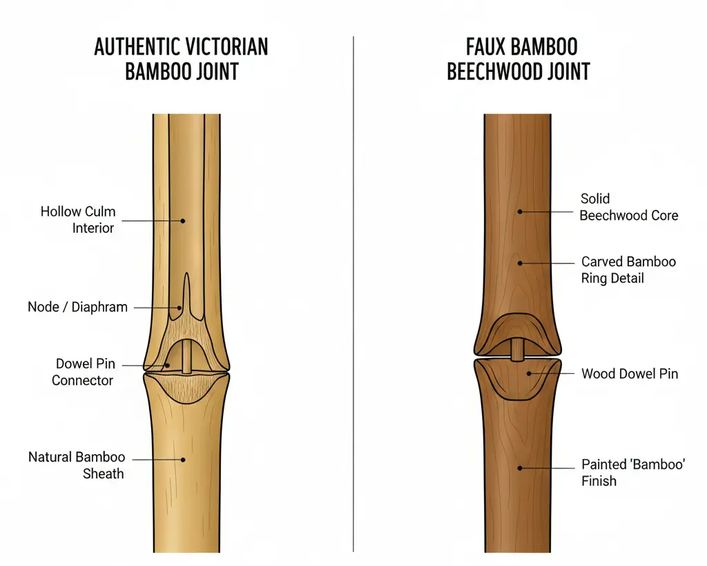 Cross-section comparison of authentic Victorian bamboo furniture showing hollow culm structure versus faux bamboo beechwood with carved decorative rings mimicking natural nodes