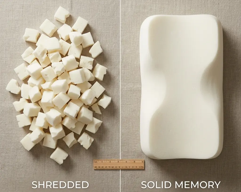Comparison of shredded memory foam pieces versus solid memory foam block showing the two most common bamboo pillow fill types