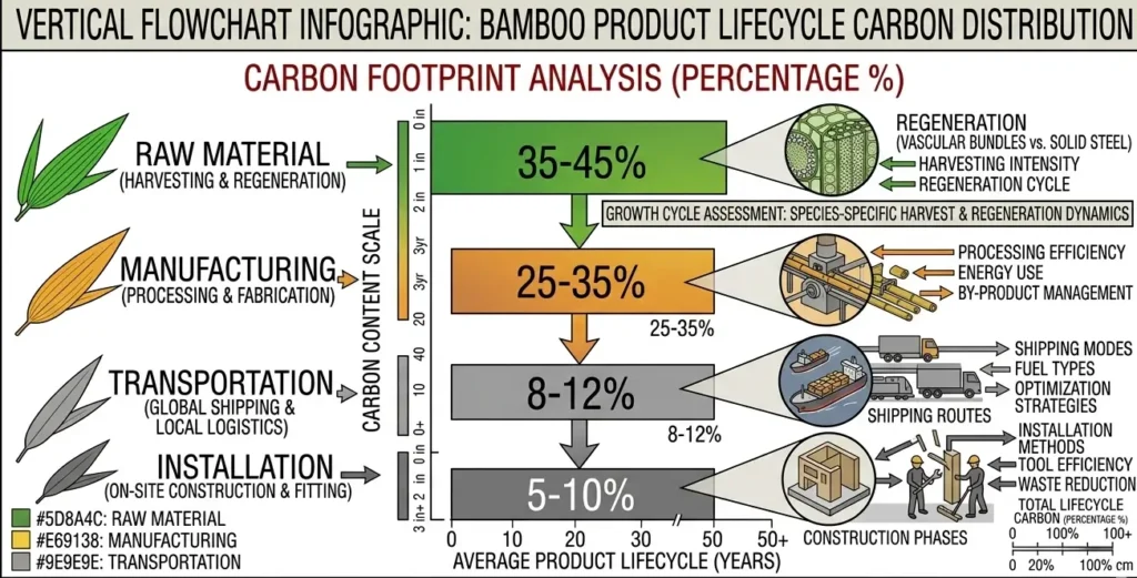 Bamboo product lifecycle carbon footprint breakdown showing raw material accounts for only 35-45 percent while manufacturing and shipping add 55-65 percent to total emissions