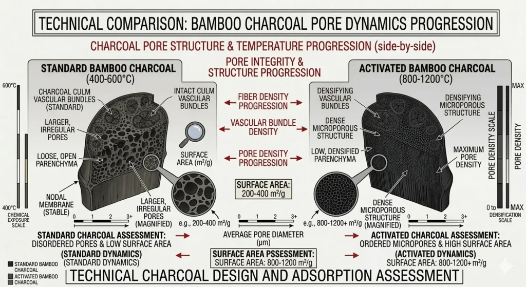 Cross-section comparison of standard bamboo charcoal at 400-600°C with 300-500 m²/g surface area versus activated bamboo charcoal at 800-1200°C with 1000-1500 m²/g surface area