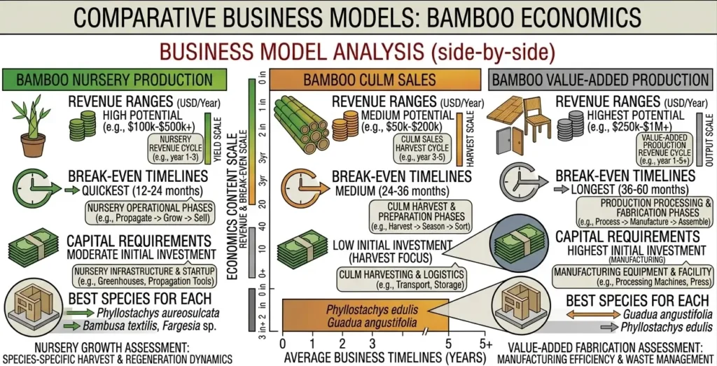Comparison chart showing three commercial bamboo business models with revenue potential, break-even timelines, and capital requirements for nursery, culm sales, and value-added production