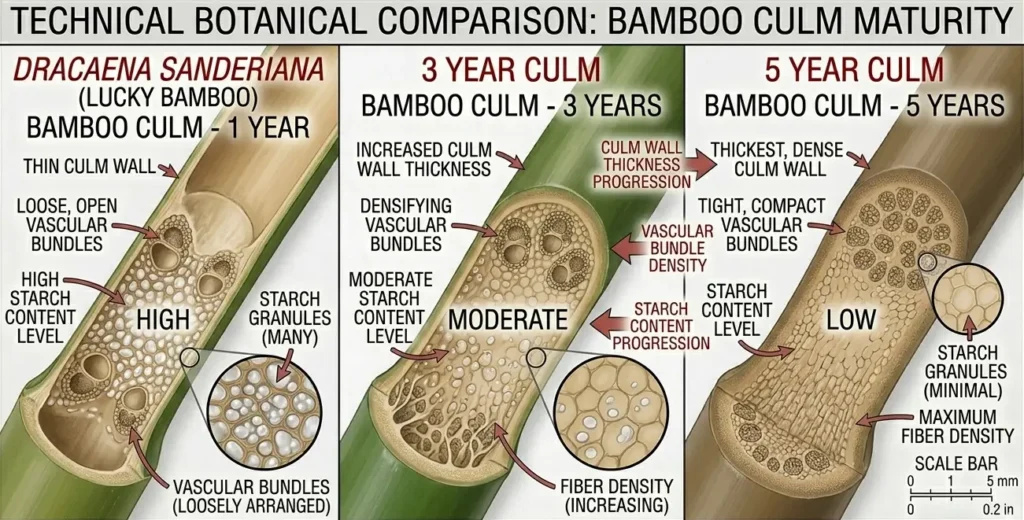 Cross-section diagram comparing bamboo culm wall thickness and cell density at 1-year, 3-year, and 5-year maturity stages showing structural development