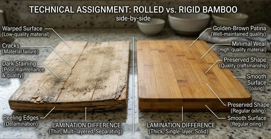 Quality comparison showing failed bamboo cutting board with warping and cracks versus well-maintained Moso bamboo board after two years of kitchen use