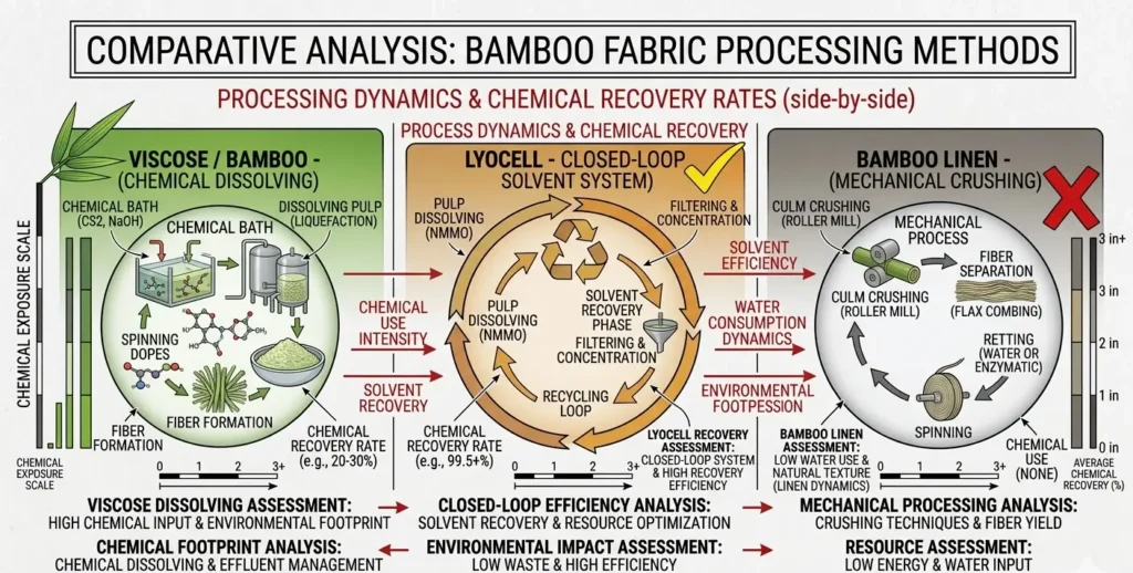 Comparison diagram showing bamboo viscose, lyocell, and linen processing methods with chemical recovery rates for each textile type
