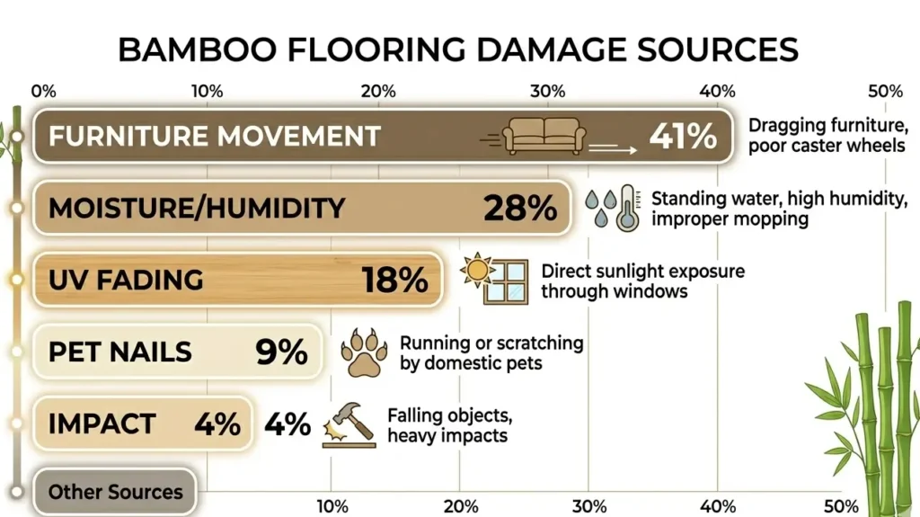 Bar chart showing bamboo floor damage causes: furniture movement 41%, moisture 28%, UV fading 18%, pet nails 9%, impact 4%