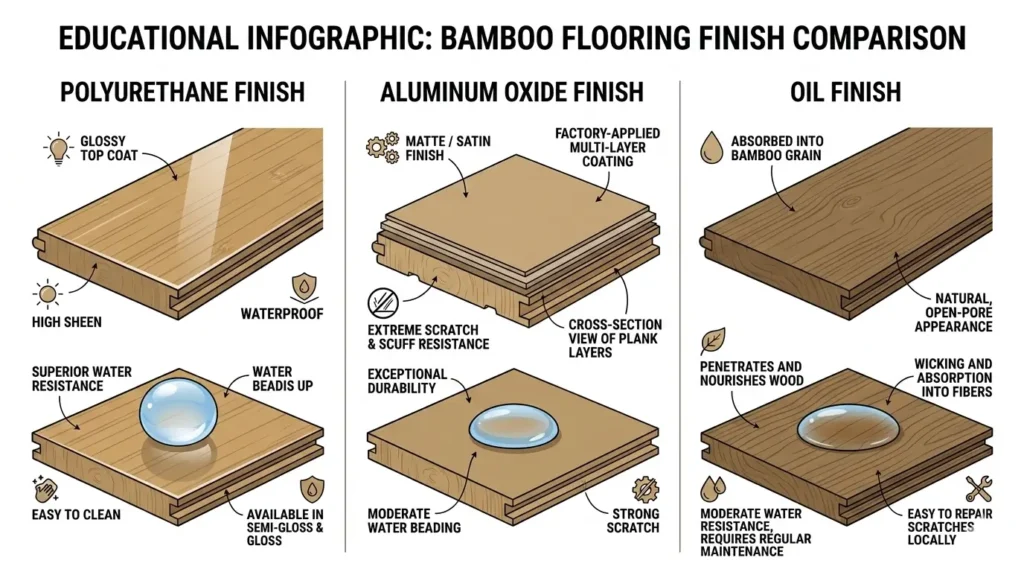 Comparison diagram of polyurethane, aluminum oxide, and oil finishes on bamboo flooring showing water bead test differences
