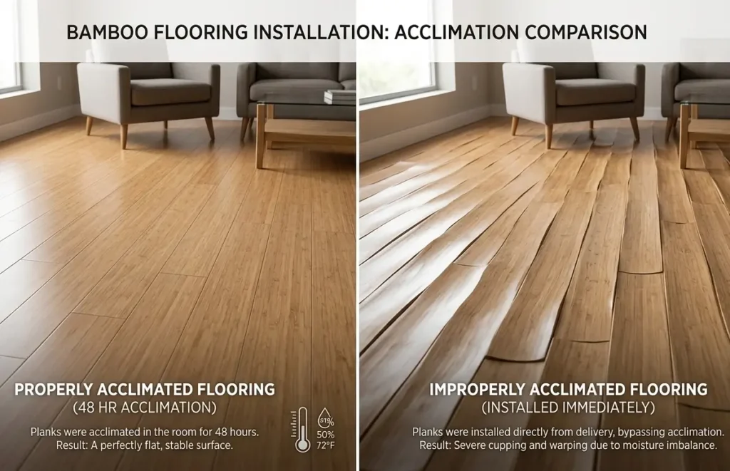 Comparison of properly acclimated bamboo flooring lying flat versus cupped bamboo planks from inadequate acclimation before installation