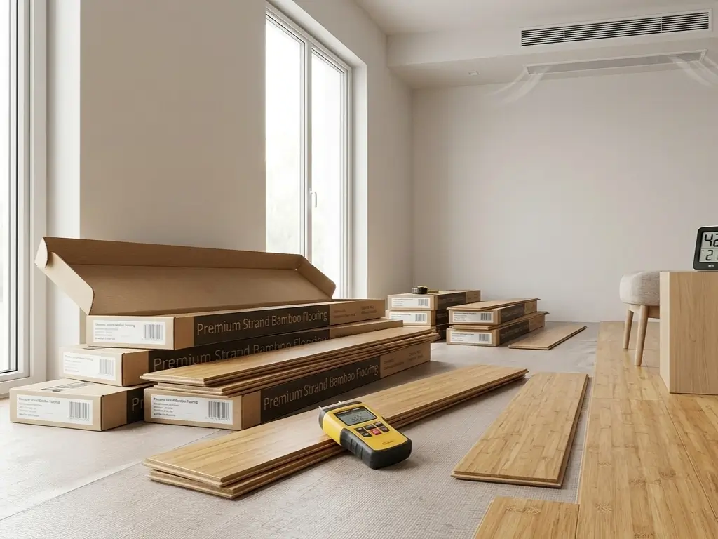 Bamboo flooring planks removed from boxes and stacked loosely in living room during acclimation period with moisture meter and hygrometer visible showing 42% humidity.