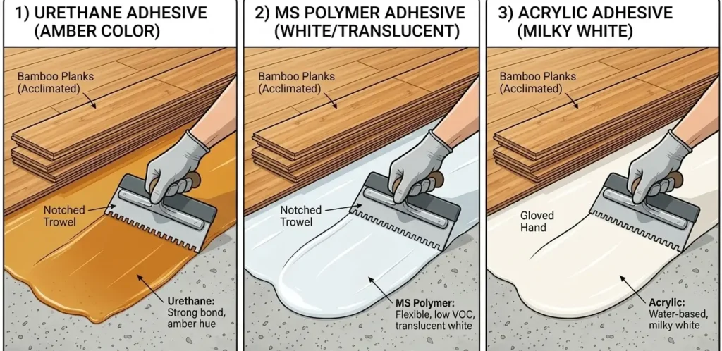 Comparison of three bamboo flooring adhesive types: amber urethane, white MS polymer, and milky acrylic, each shown during trowel application on concrete subfloor