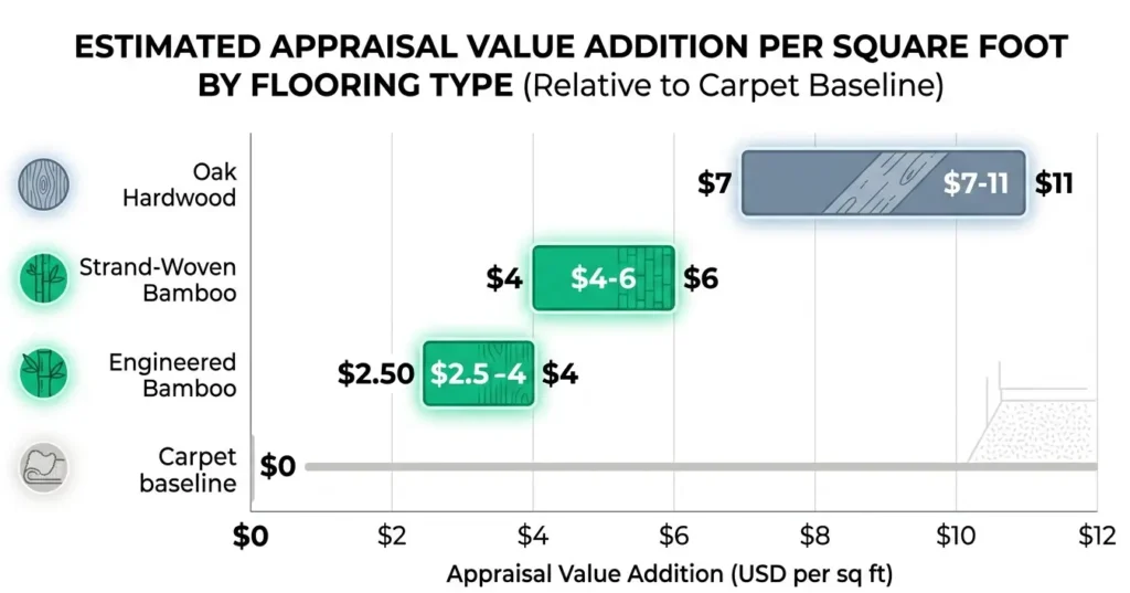 Bar chart comparing appraisal value addition per square foot for strand-woven bamboo flooring ($4-6), oak hardwood ($7-11), and engineered bamboo ($2.50-4)