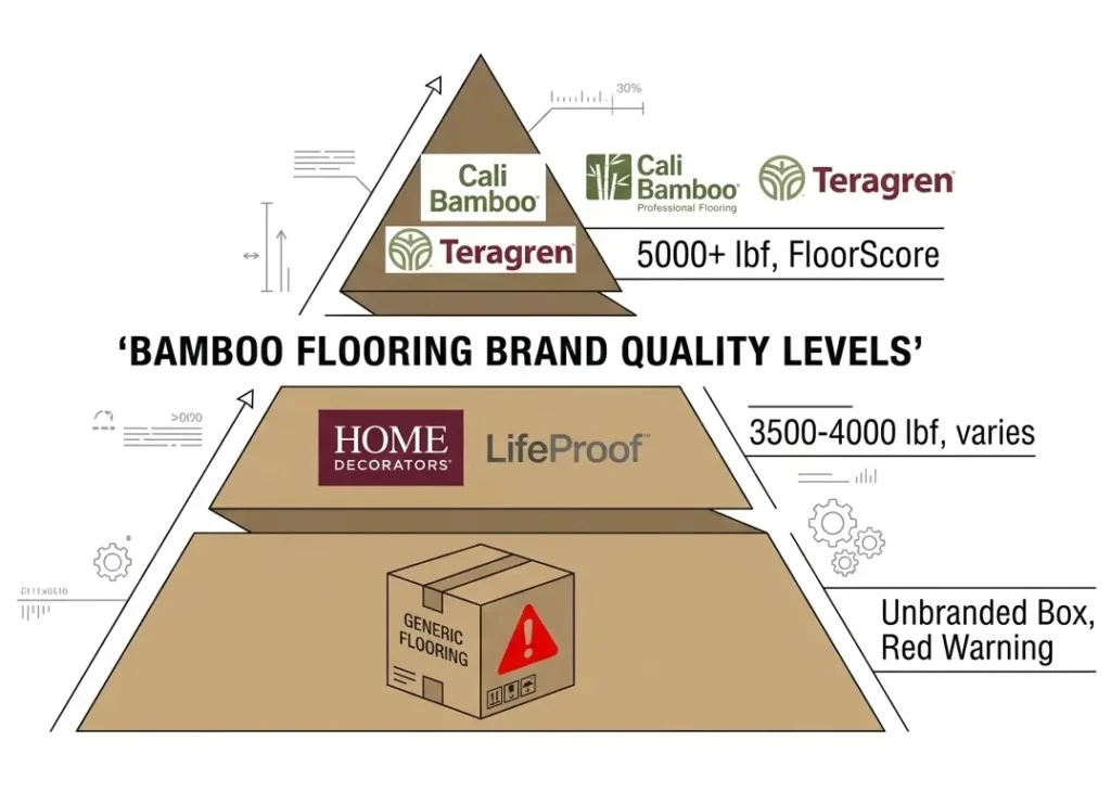 Bamboo flooring brand quality pyramid showing Cali Bamboo and Teragren in premium tier, mid-tier brands in middle, budget brands with warning indicator at bottom