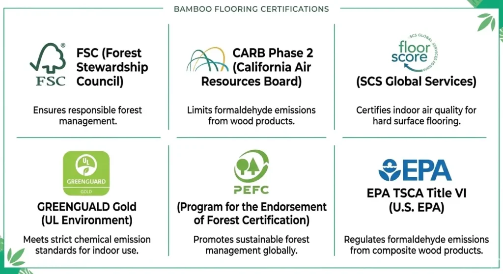 Six major bamboo flooring certification logos including FSC, CARB Phase 2, FloorScore, and GREENGUARD Gold with brief descriptions of what each certifies