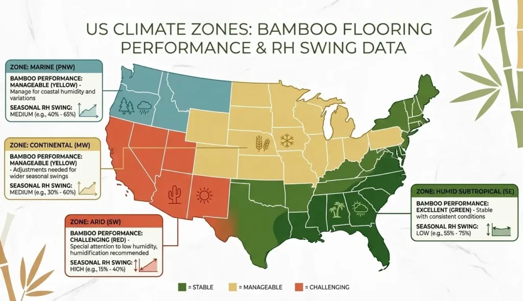 US climate zone map showing bamboo flooring humidity challenges by region with seasonal RH swing data for humid subtropical, arid, continental, and marine climates