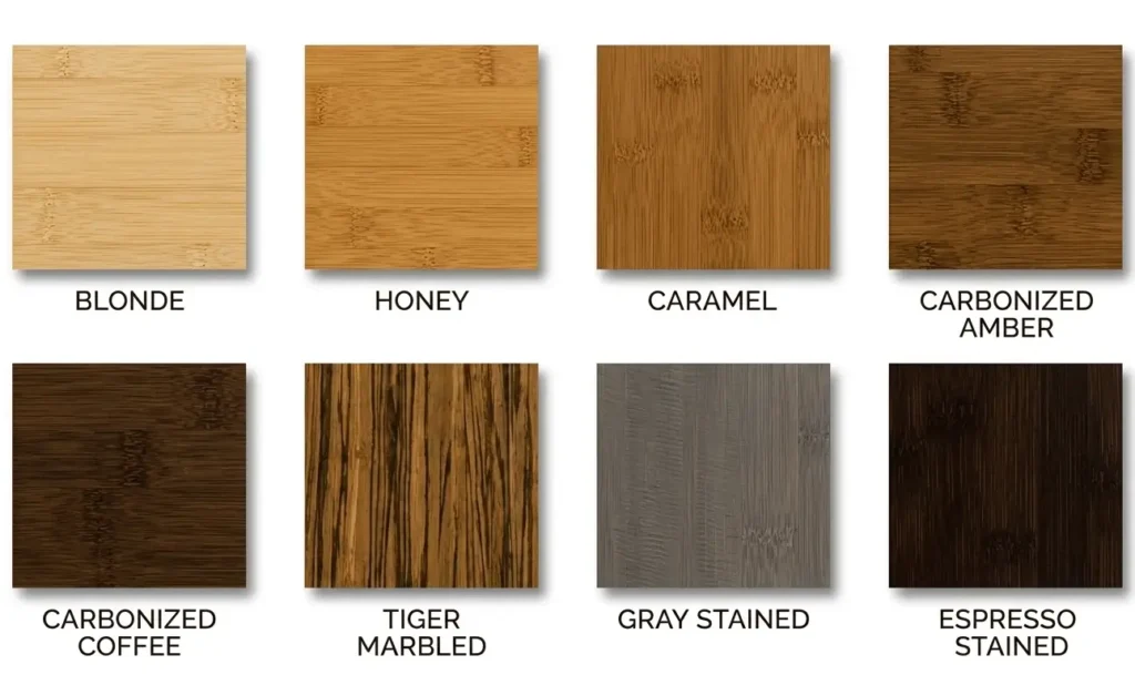 Eight bamboo flooring color samples arranged light to dark showing natural blonde through espresso stained options with visible grain patterns