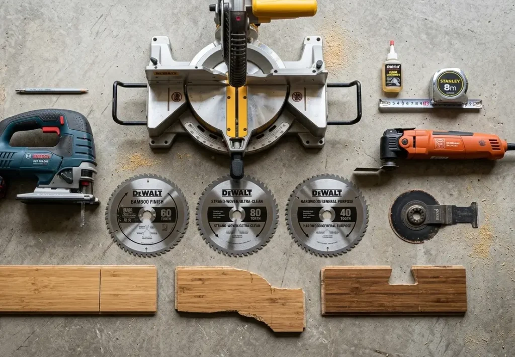 Essential bamboo flooring cutting tools including 12-inch compound miter saw, jigsaw, oscillating multi-tool, and carbide-tipped blades arranged with strand-woven bamboo plank samples