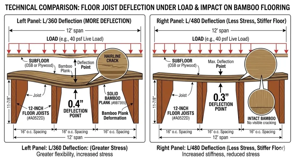 Cross-section diagram comparing L/360 and L/480 floor deflection standards showing how reduced deflection prevents bamboo flooring cracks over joists