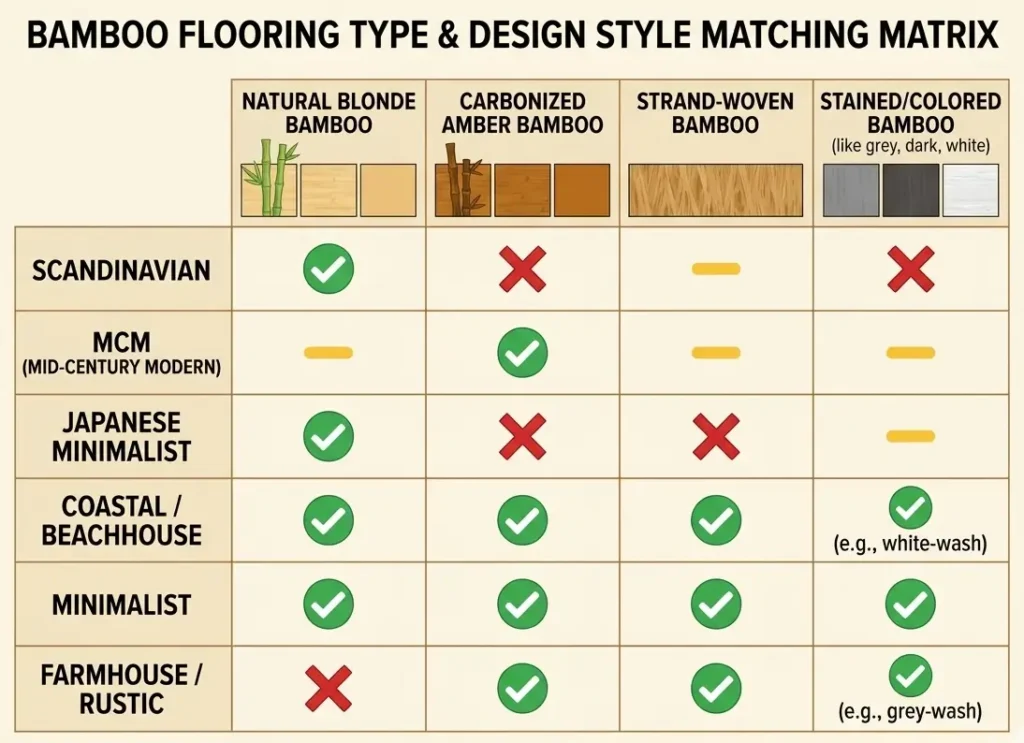 Decision matrix infographic showing which bamboo flooring types suit six interior design styles with compatibility ratings