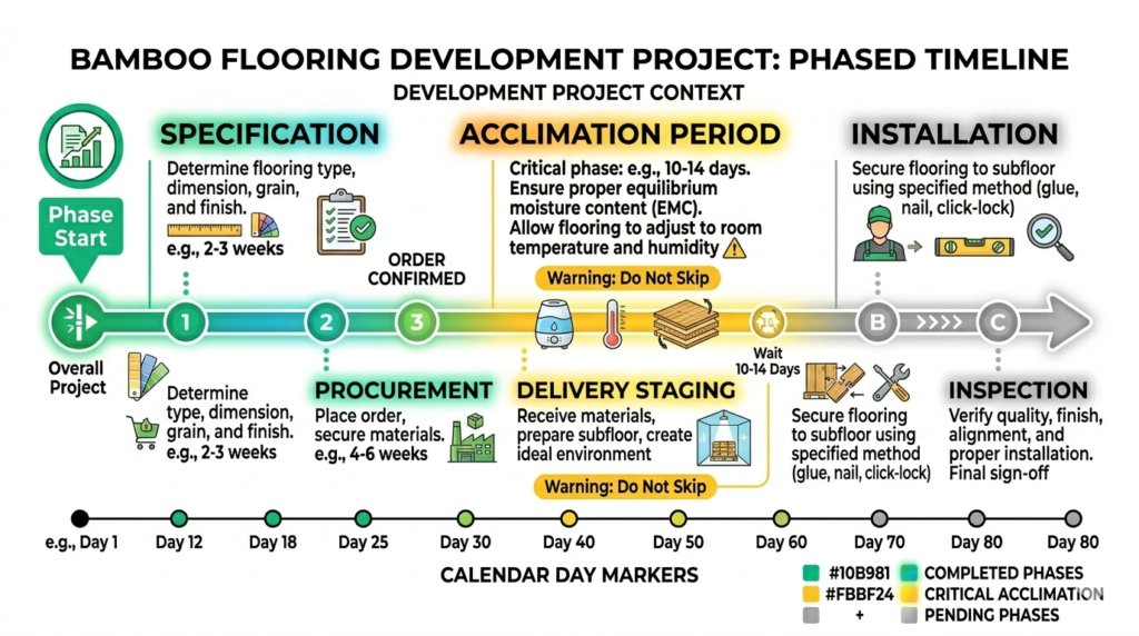 Bamboo flooring development timeline showing 10-14 day acclimation period as critical scheduling factor in building development projects