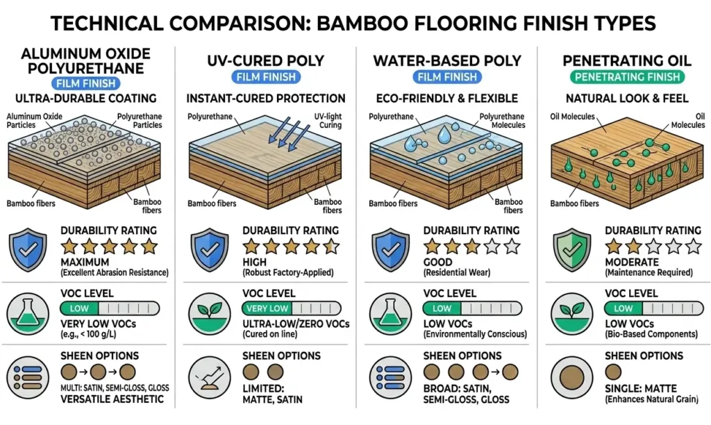 Comparison infographic showing four bamboo flooring finish types—aluminum oxide polyurethane, UV-cured poly, water-based poly, and penetrating oil, with cross-section diagrams and durability ratings.