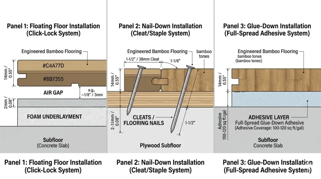 Cross-section comparison showing floating bamboo floor with underlayment gap, nail-down with plywood cleats, and glue-down adhesive bond to subfloor