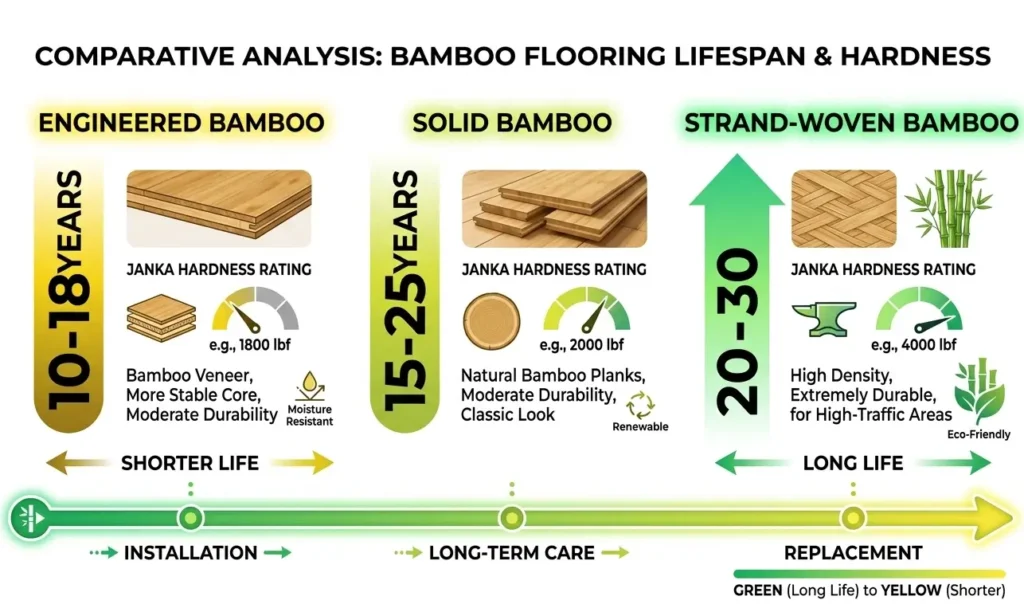 Bamboo flooring lifespan comparison chart showing strand-woven bamboo lasting 20-30 years versus engineered bamboo at 10-18 years with Janka ratings
