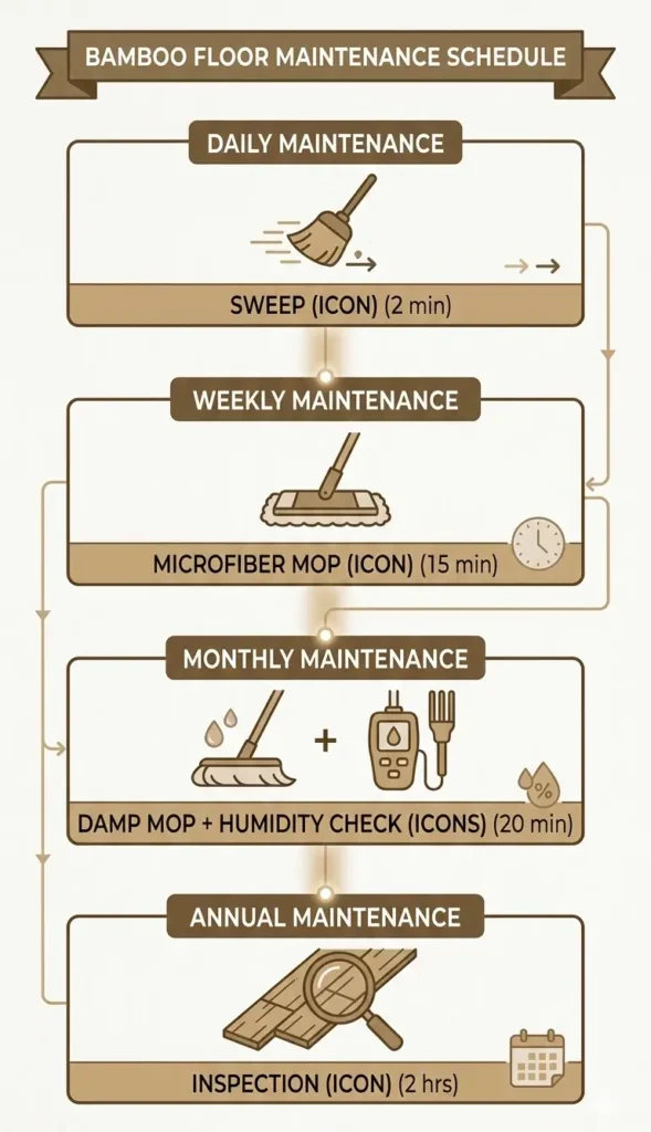 Bamboo flooring maintenance schedule infographic showing daily sweeping, weekly dry-mopping, monthly damp cleaning, and annual inspection timeline with time estimates