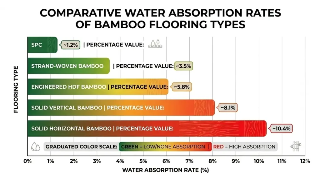 Bar chart showing bamboo flooring moisture absorption rates by type—SPC bamboo shows near-zero absorption while engineered HDF absorbs fastest at 28% in 4 hours