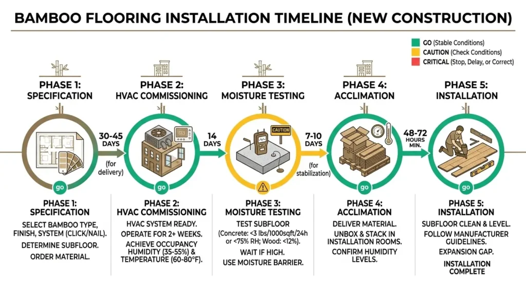Five-phase timeline showing bamboo flooring installation sequence for new construction: specification, HVAC commissioning, moisture testing, acclimation, and installation phases with day counts