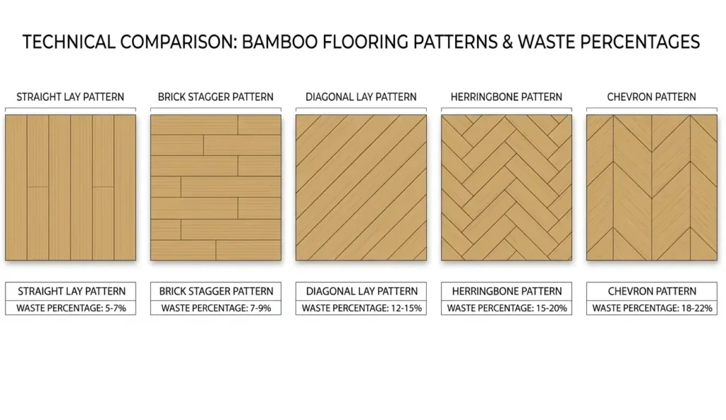 Five bamboo flooring installation patterns compared: straight lay 8% waste, brick stagger 8%, diagonal 15%, herringbone 22%, chevron 25%