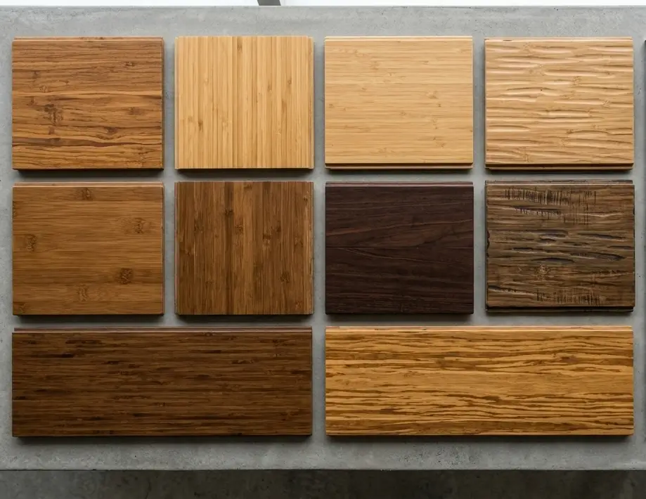 Eight bamboo flooring samples arranged in grid pattern with measuring tools, showing color variation between strand-woven and engineered options for comparison